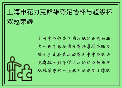 上海申花力克群雄夺足协杯与超级杯双冠荣耀