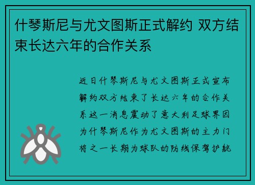 什琴斯尼与尤文图斯正式解约 双方结束长达六年的合作关系