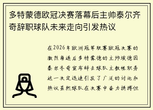 多特蒙德欧冠决赛落幕后主帅泰尔齐奇辞职球队未来走向引发热议